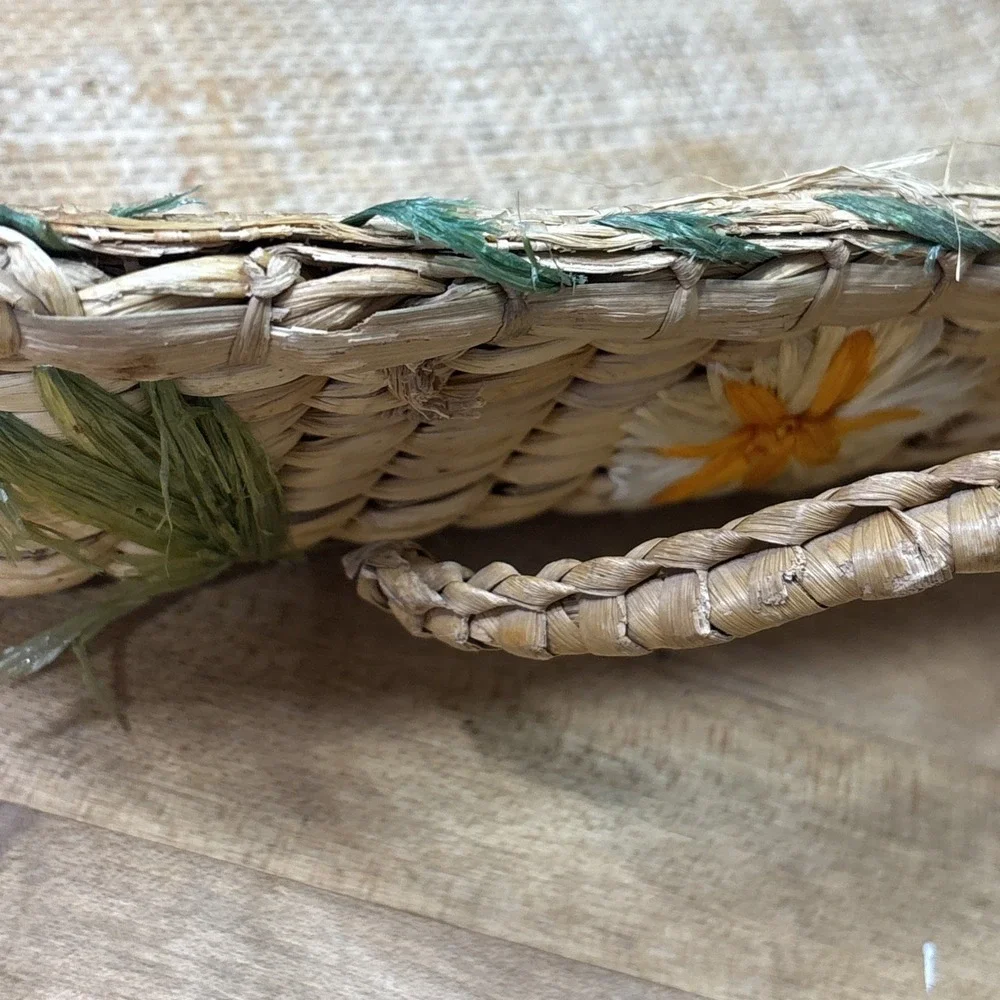 Vintage 60s 70s Raffia Floral Nesting Baskets Set 3 Boho Decor AS IS